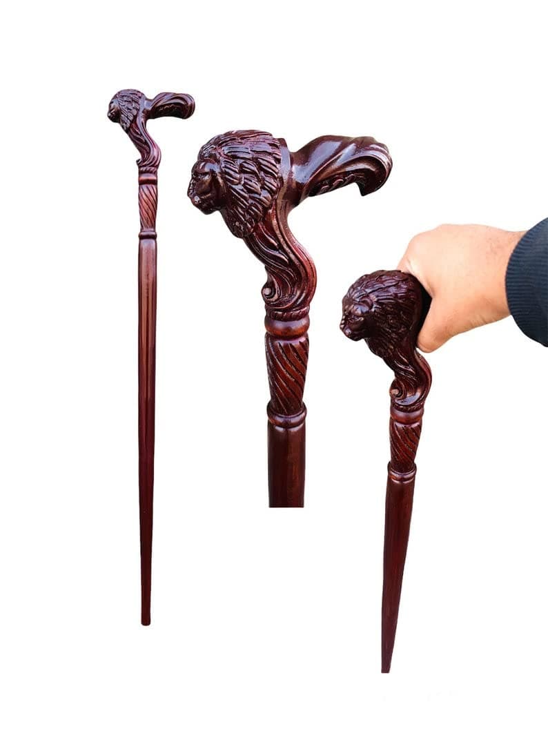 EOA Classic Wooden Walking Stick Cane Lion Head Palm Grip Ergonomic Handle Animal Wood Carved36” Wooden Walking Cane for Men Women