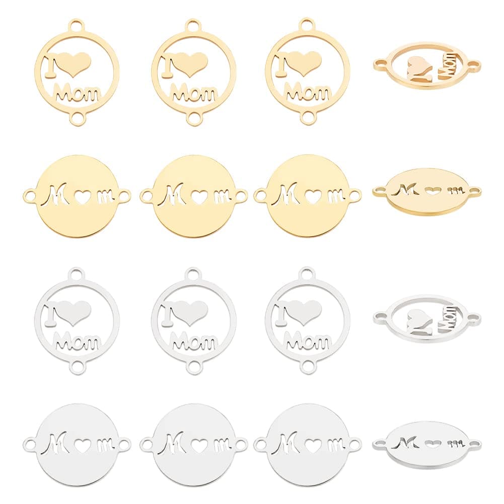 CHGCRAFT 16Pcs 4Styles Mom Word Connector Charms Stainless Steel Connector Charms for Necklace Bracelet Jewelry Making, 20x15x1mm