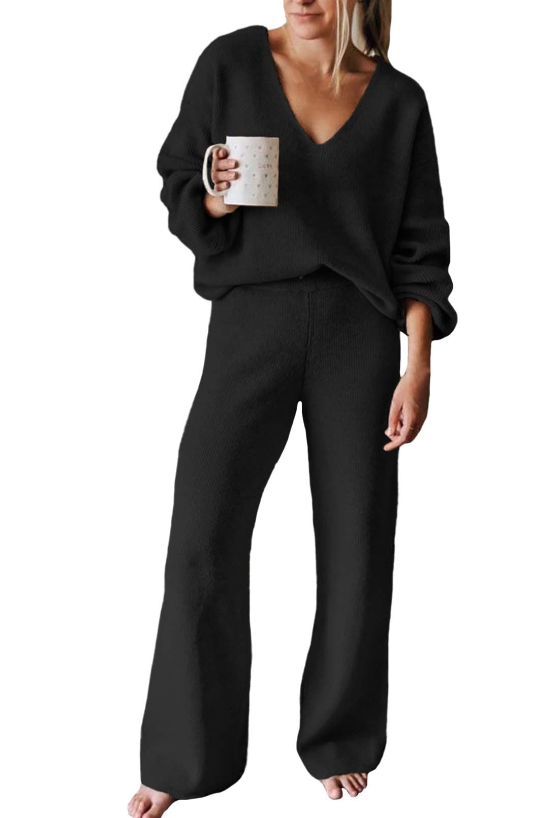 Women's 2 Piece Outfits Casual V Neck Knit Wide Leg Sweater Lounge Set Sweatsuit
