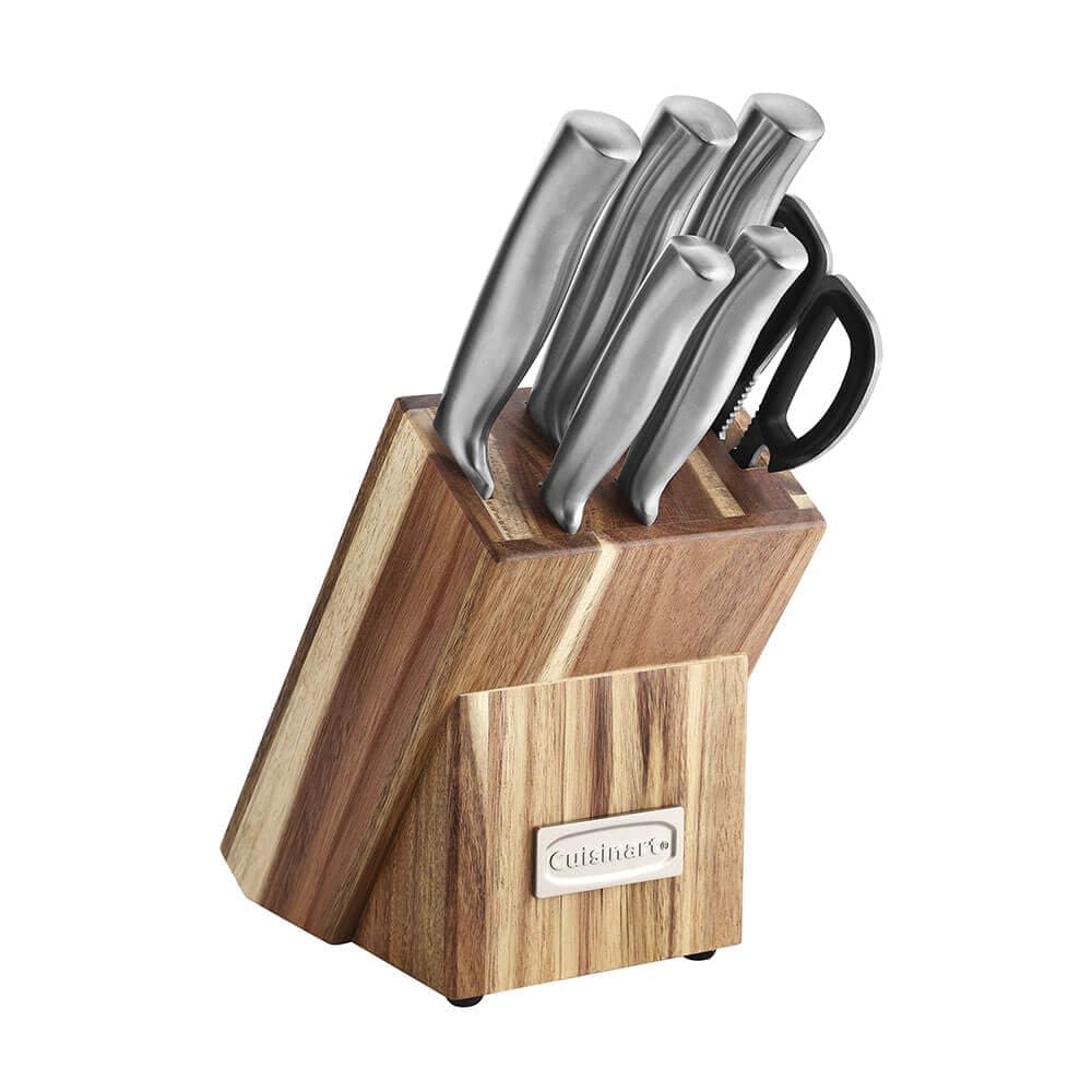 C77SS-7P Stainless Steel 7-Piece Prep Knife Set Acacia Block Precision Cut Blades, Ergonomic Handles