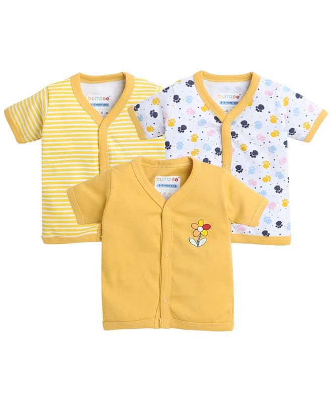 BUMZEEBUMZEE Baby Girls Half Sleeves Front Open Jablas Pack of 3, Yellow & White 8211, 9 Months-12 Months