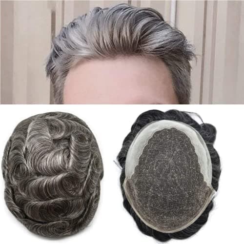 French Lace Hair Systems for Men Natural Hairline Human Hair Mens Toupee Swiss Lace Light Density Grey Hairpieces Wigs Bleached Knots Hairpiece for Men (8"X10", #550 Medium Light Brown+50%Gray-100% Light to Med-Light)