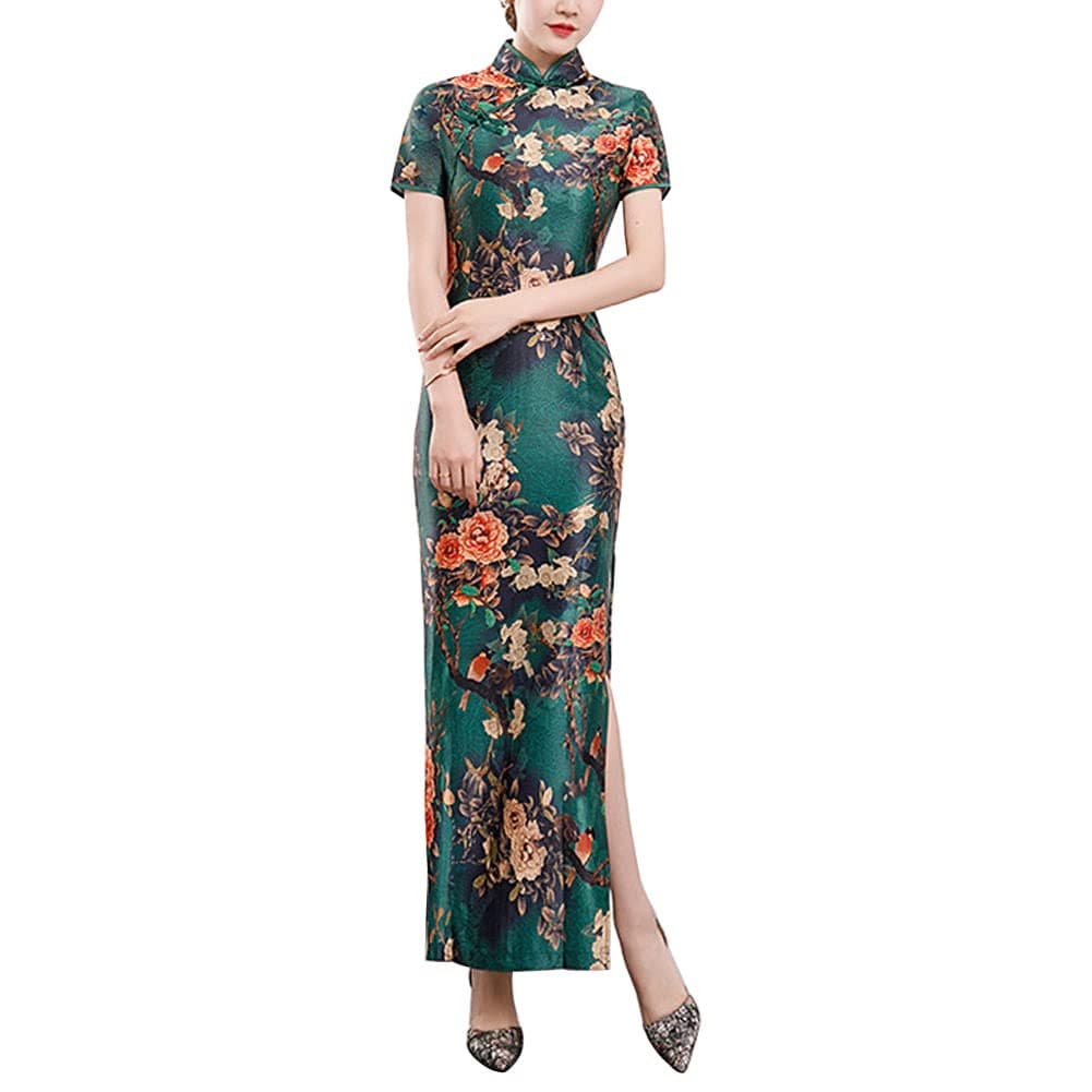 Women's Elegant Floral Satin Long Cheongsam Short Sleeve Mandarin Collar High Split Maxi Dress Traditional Chinese Qipao