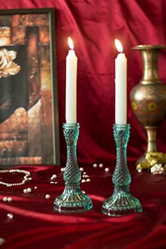 Homesake® Solid Glass Candle Stand Carved SEA Green Set of 2 (Solid (Turquoise))