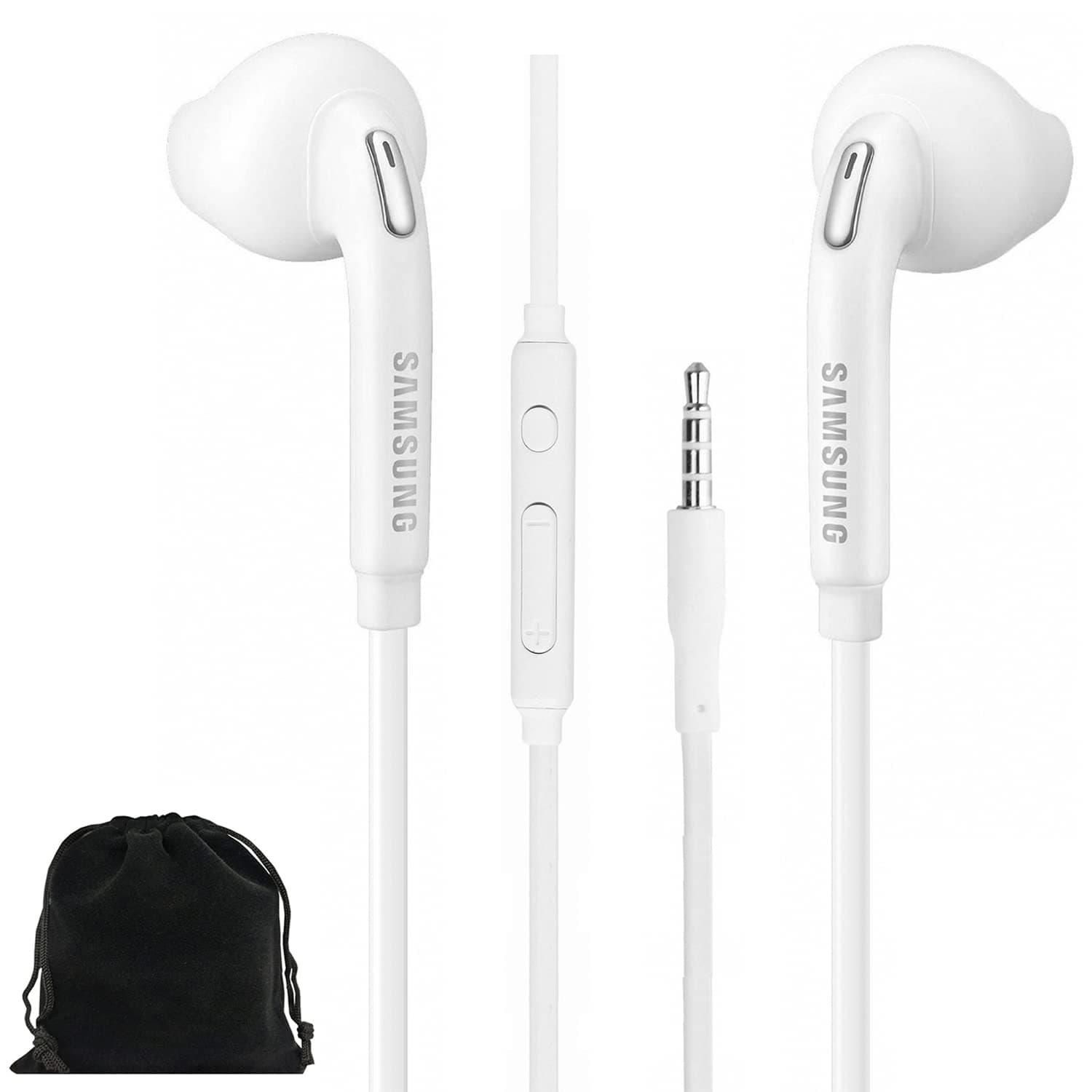 SAMSUNG Samung Wired Earphones Original 3.5mm In-Ear Headphones Galaxy S10, S10 Plus, S10e Plus, Note 10, A71, A31 - Microphone & Volume Remote Control - with Black Velvet Carry Pouch - White