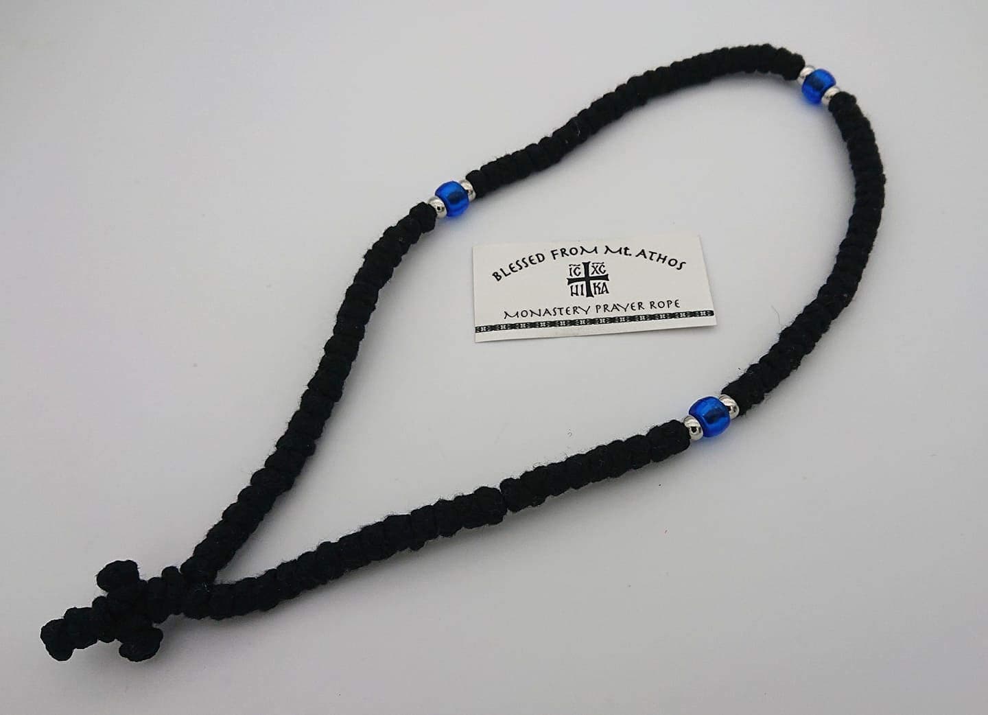 Blessed Handmade 100 Knots Prayer Rope Greek Russian Komboskoini Christian Orthodox Black with Blue Beads and Black Cross from Mt Athos