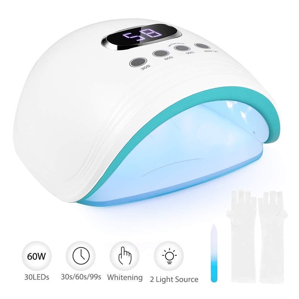UV LED Nail Lamp, BHY 60W Professional UV Lamps for Gel Nails with UV Shield Gloves, Nail file, 30/60/99s Timer Double Lights Mode with Removable Base