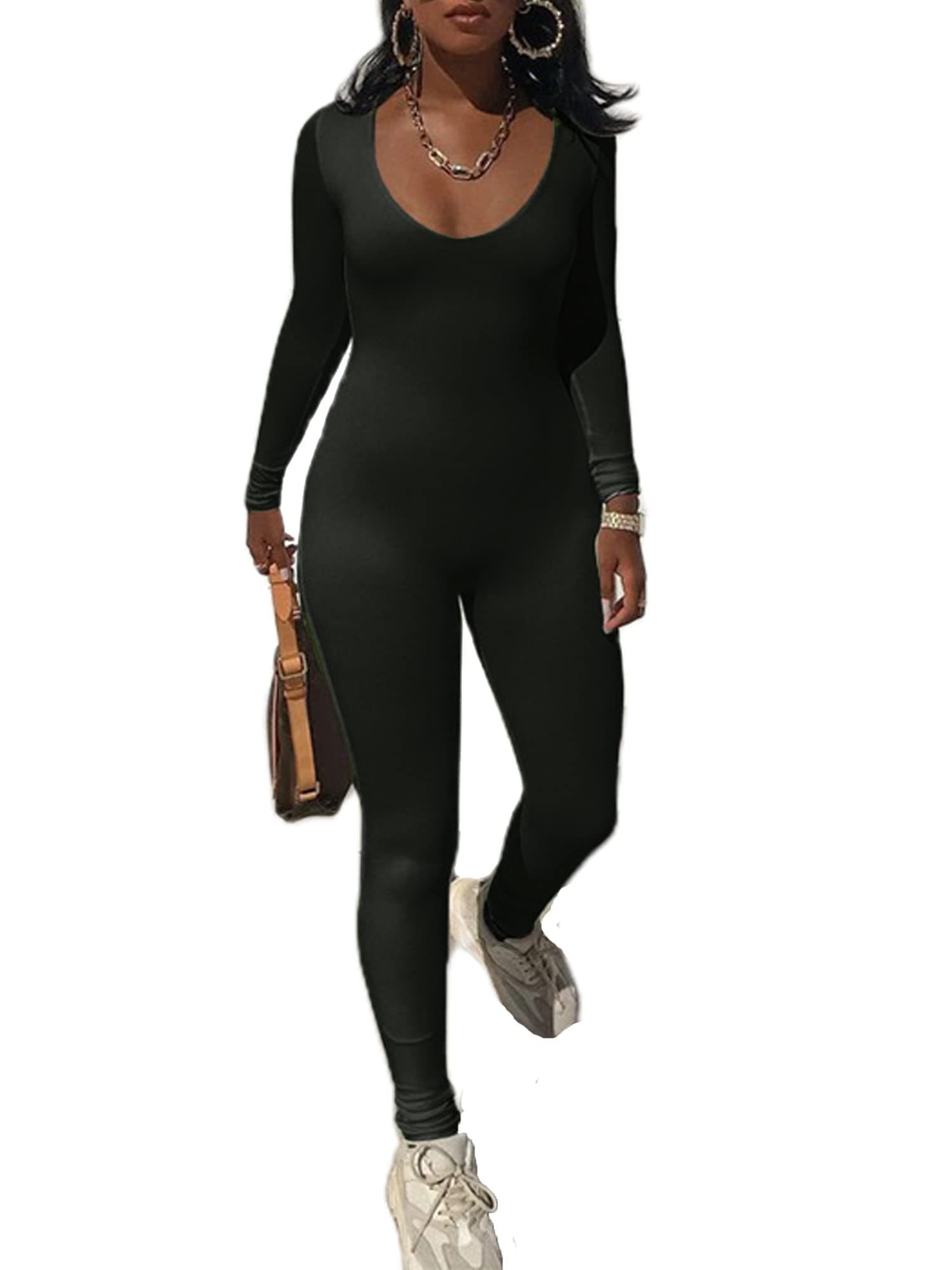 Womens One Piece Bodycon Jumpsuit Long Sleeve Sportwear Zipper Romper Clubwear