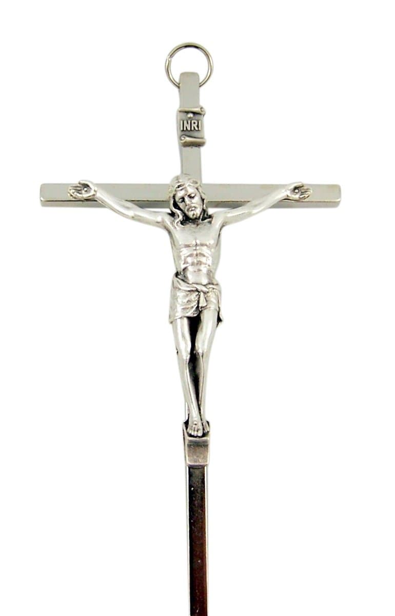 Silver Toned Metal Catholic Crucifix Pectoral Pendant or Wall Cross, 4 3/8 Inch