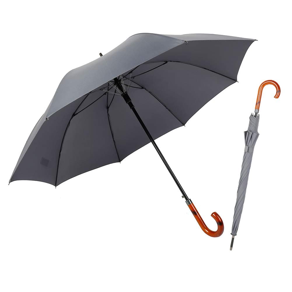 TIME LOVERTIME LOVER Stick Umbrella Oversize Windproof Umbrella Wooden Hook Handle J Stick Automatic Open Fast Drying Umbrella for Men Women(Grey)