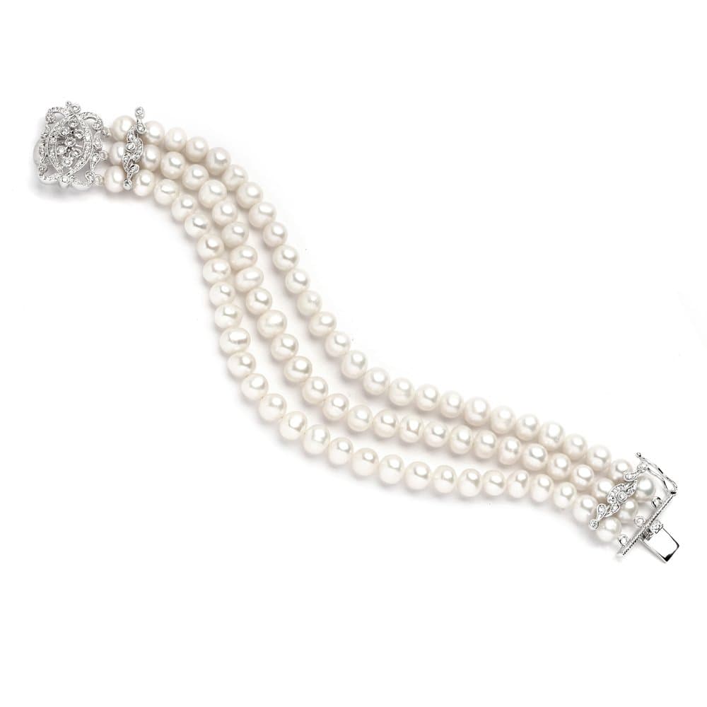 Genuine Freshwater Pearl 3-Strand Bridal Wedding Bracelet with CZ Safety Clasp, Birthday Gift