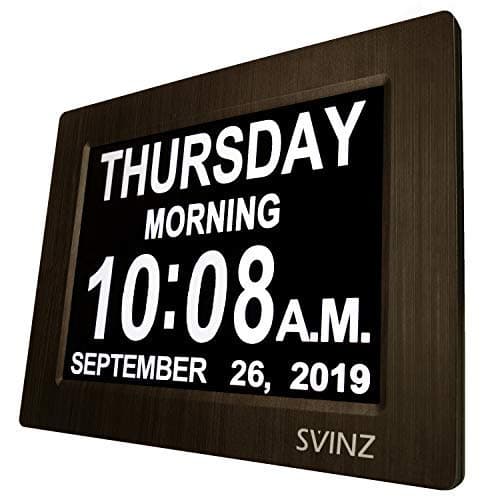 8’’ Extra Large Digital Calendar Day Clock for Elderly, 3 Alarms Dementia Clock for Impaired Vision, Memory Loss Clock with 2 Auto Dimming Option, Wood Grain