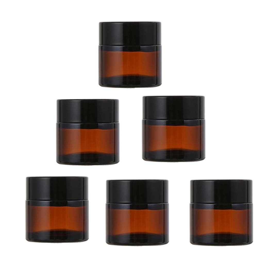 YORROR6 Pack 2 oz Amber Glass Jars with Black Lids,60g Glass Cream Jars,Empty Round Cosmetic Container Jars for Cream,Sample,Lotion,Powder,Ointments,Spice