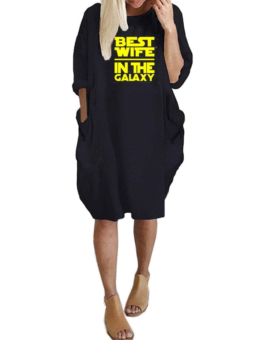 Women's Best Wife in The Galaxy Long Sleeve Oversize Baggy Dresses with Pockets Black