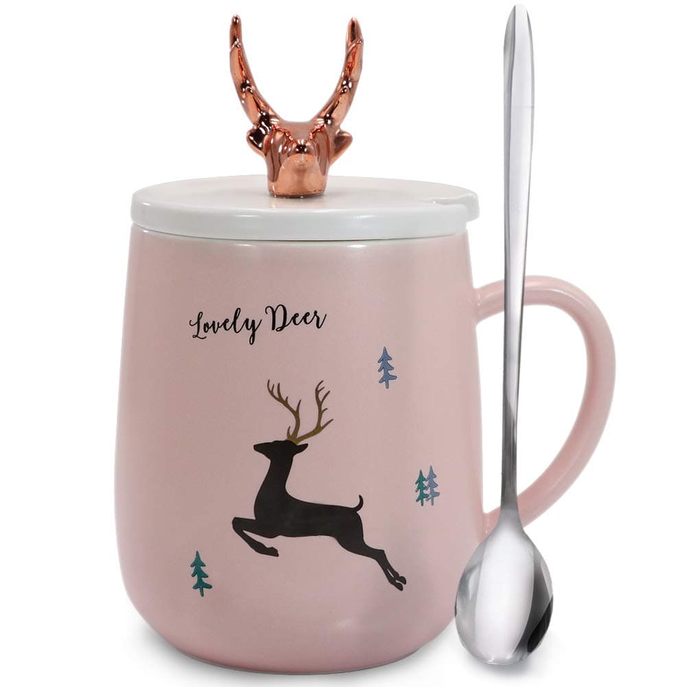 3D Deer Elk Mug Cute Rose Gold & Pink Coffee Mugs Funny Ceramic Tea Cups with Lid and Spoon Indoor Gifts for Animal Lovers 14 OZ