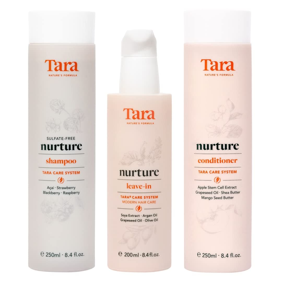 Tara Nurture Care System. Cruelty-Free: 3-Step Treatment – Shampoo + Conditioner + Leave-In Conditioner for daily care. Free from Parabens, Sulfates and Mineral Oils
