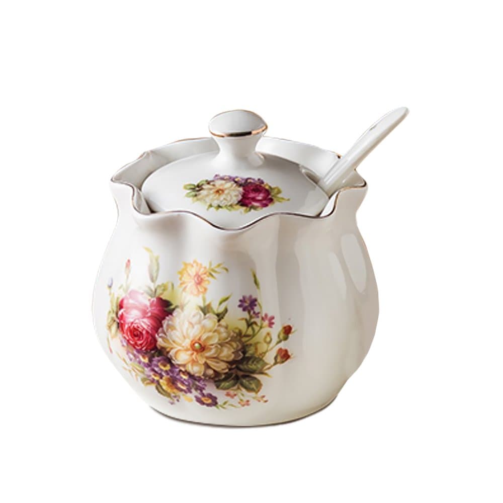 Ceramics Vintage Red Floral Sugar Bowl Spice Jar Seasoning Box with Lid and Spoon 8oz
