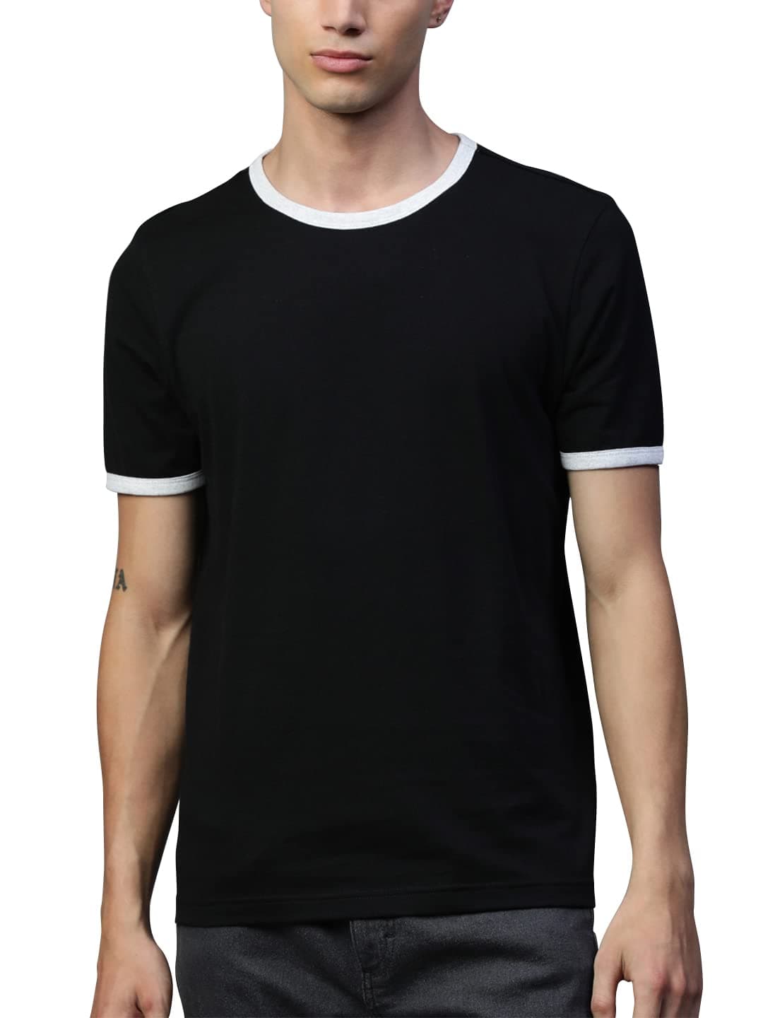 HUETRAPMens Black Short Sleeve Round Neck Solid Ringer Tee