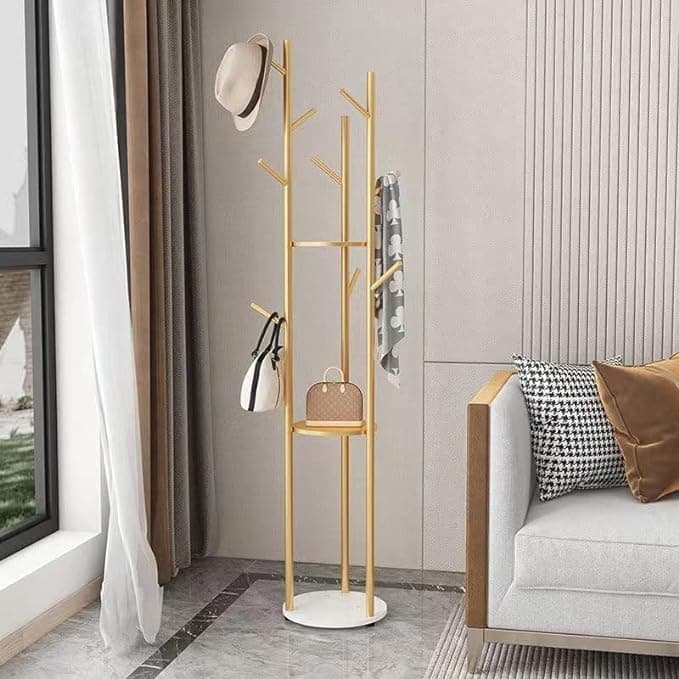 VPGS Gold Coat Rack Stand, Metal Coat Racks Tree Hanger Free standing 3 Storage Shelves and 9 Good Hooks and Stable Marble Base, for Jackets, Hat, Umbrella
