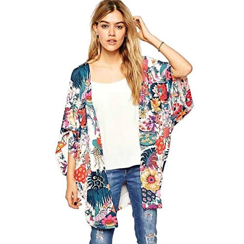 Sunward Flower Chiffon Shawl Kimono Cardigan Coats Jackets Cover up Blouse Tops (L, Multi-color)