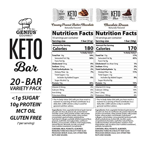 Genius Gourmet Gluten Free Keto Protein Bar, Chocolate Keto Bars, Premium MCTs, Low Carb, Low Sugar (Variety Pack, 20 Count (Pack of 1))