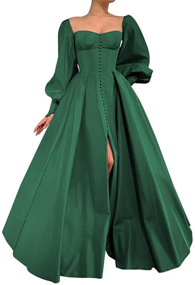 Long Puffy Sleeve Prom Dresses Princess Ball Gown for Women Satin Formal Party Wedding Evening Dress