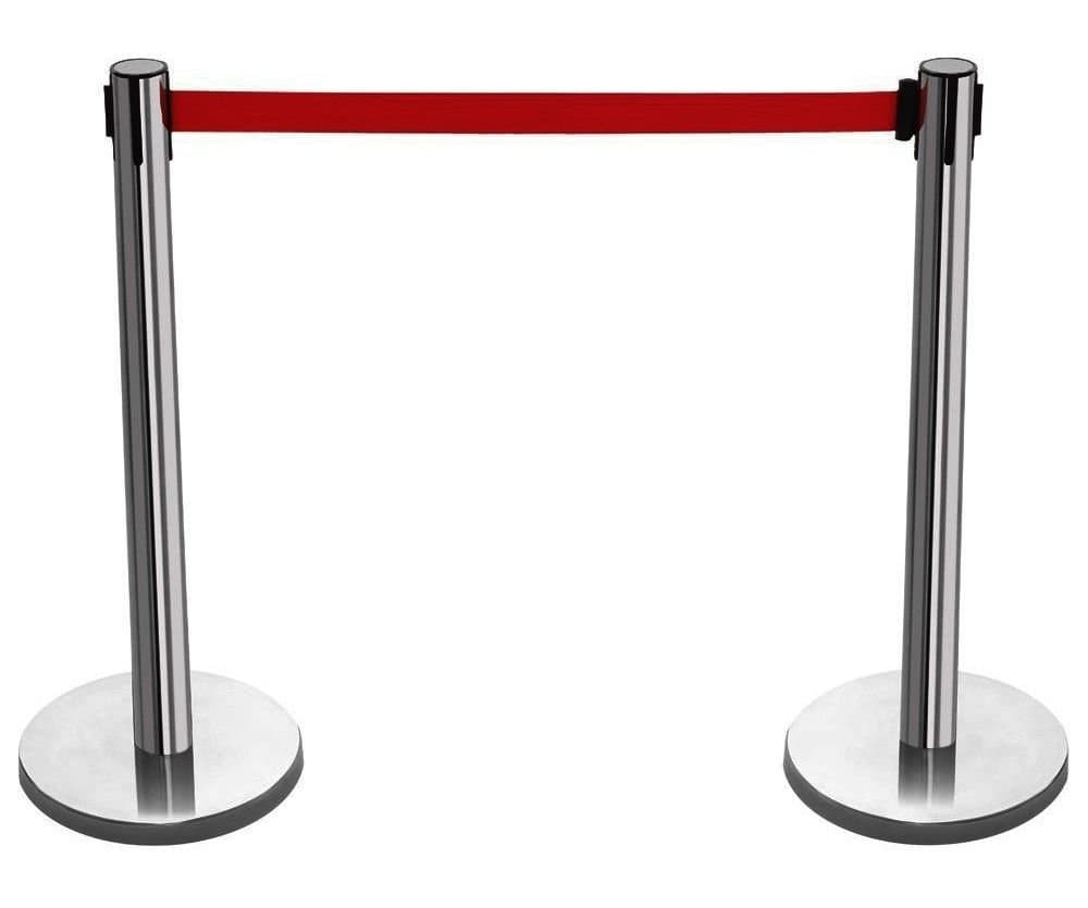 Queue Barrier Posts (Pair) with 1.5M Blue OR RED Belt Band Strip Stainless Steel Stanchion Divider Crowd LINE Control Set - Concrete Filled Bases