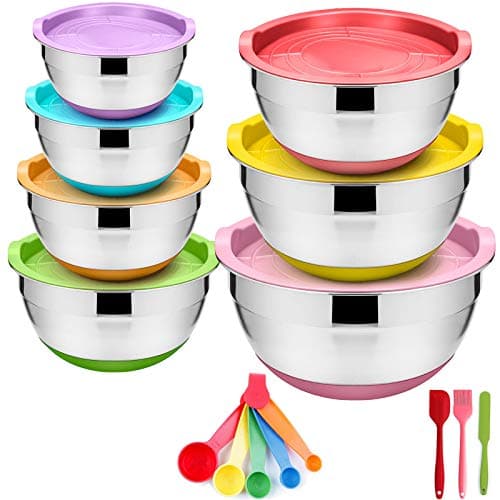 WEZVIX Stainless Steel Mixing Bowl Set of 7 Nesting Bowls with Colorful Silicone Bottom, Measurements Marks and Airtight Lids Dishwasher Safe - 7-5-4-3.5-2.5-2-1.5 QT