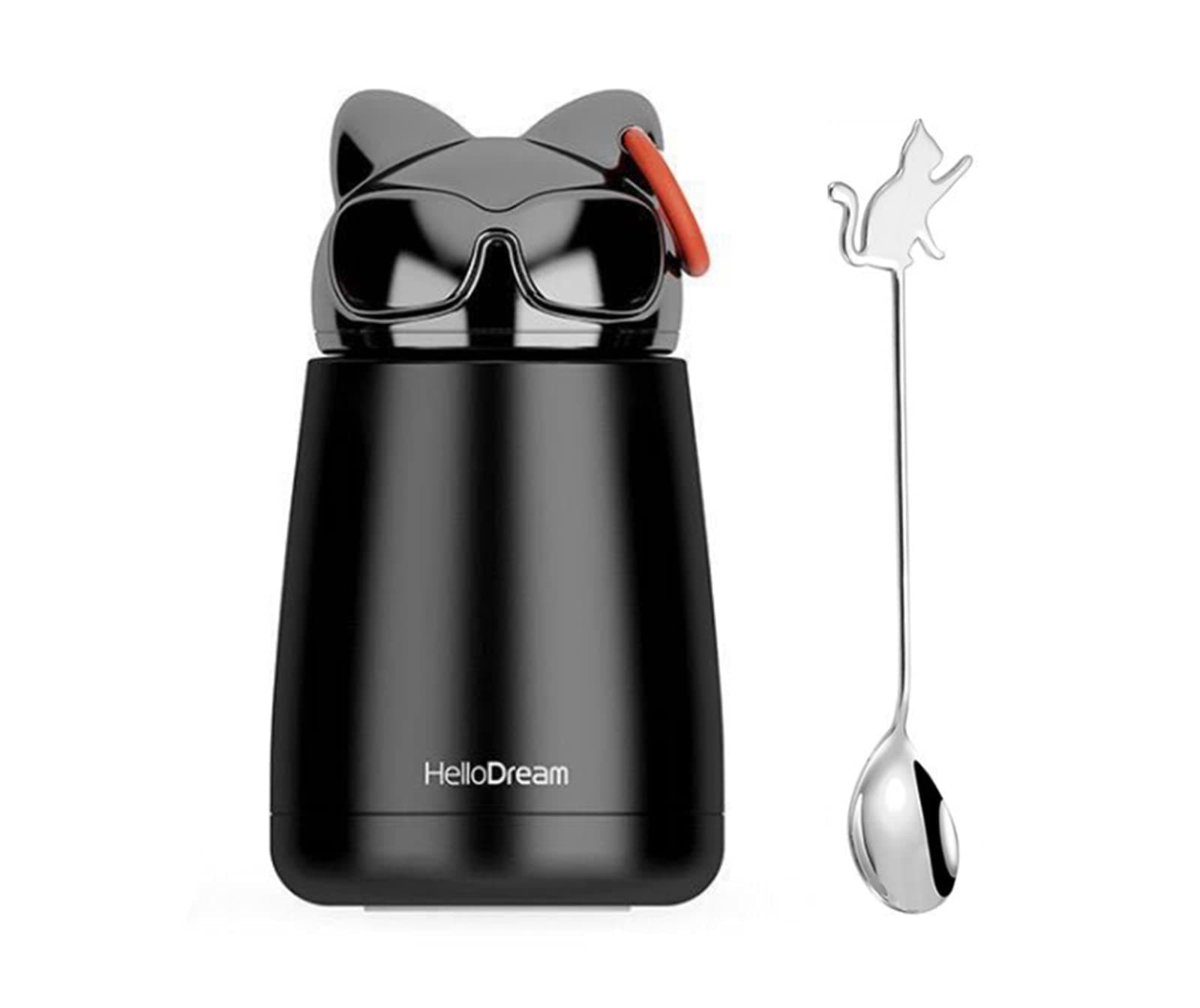 11 OZ Cute Cat Water Bottle Mini Cartoon Stainless Steel Bottle Portable Vacuum Flask with Brush for Kids,Girls,Boys,Women,Cat Lovers (Black)