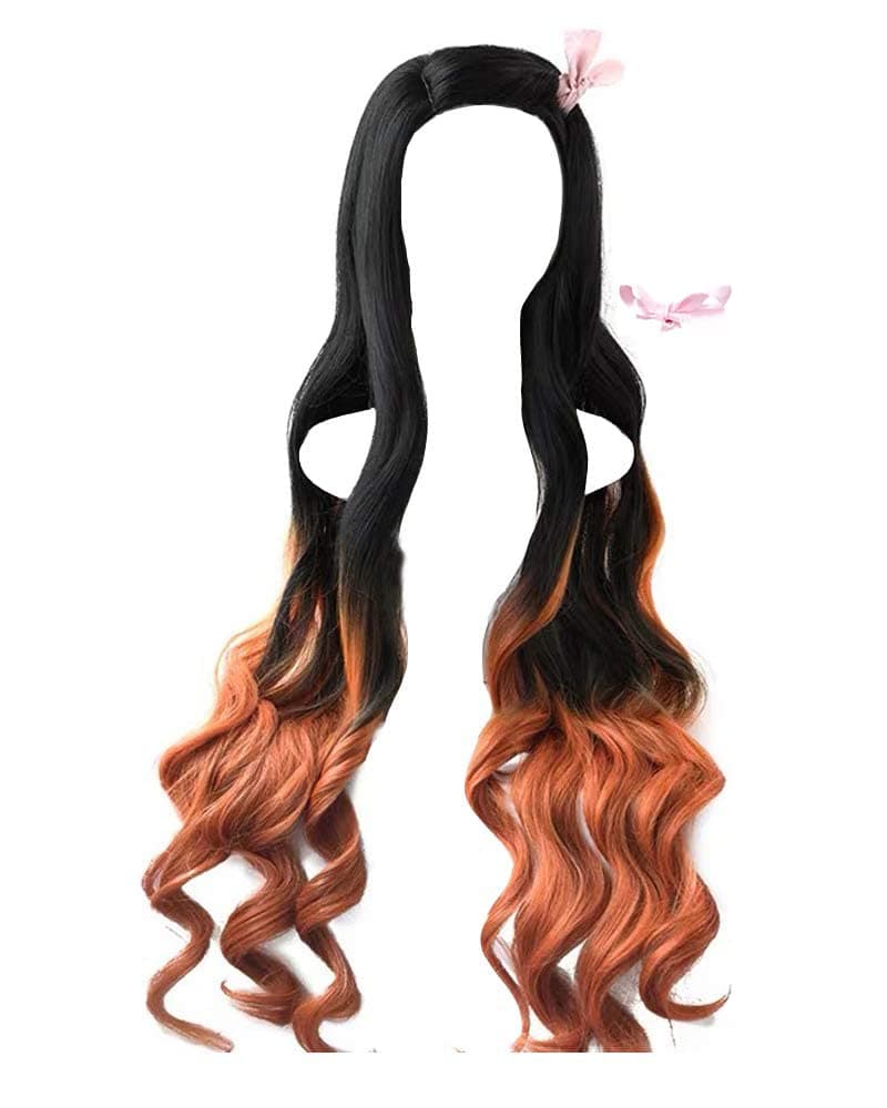 MORE4EVER Women's Cosplay Wig 37 inch Long Curly Black Orange Ombre Gradient Hair Accessory (Black Orange Gradient)