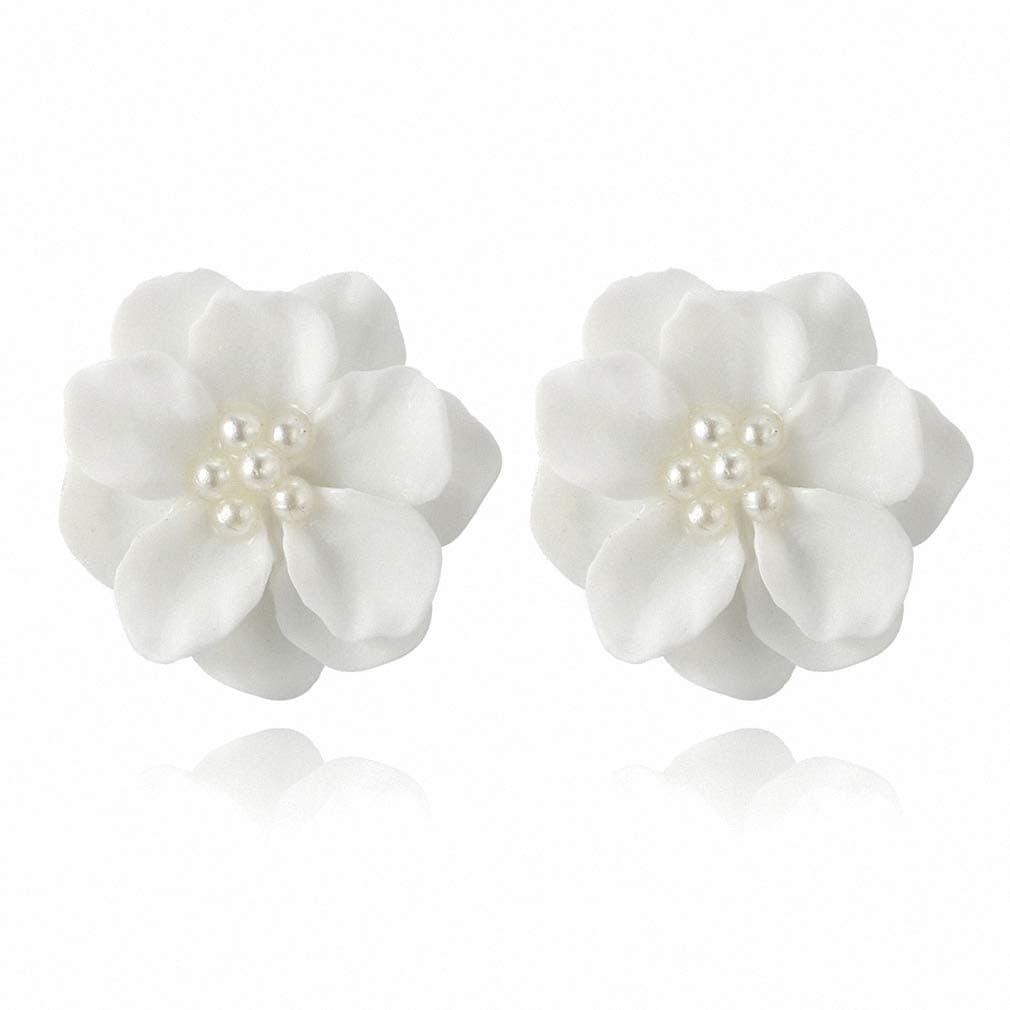 Elegant Resin White Flower Stud Earrings Women Tiny Pearls Floral Earrings Studs Earrings