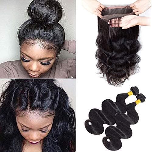 Sweetie Hair 360 Lace Frontal With Bundles Brazilian Virgin Hair Lace Frontal With Bundles Human Hair Extensions Natural Color Free Part 16 18 with 14 Inch
