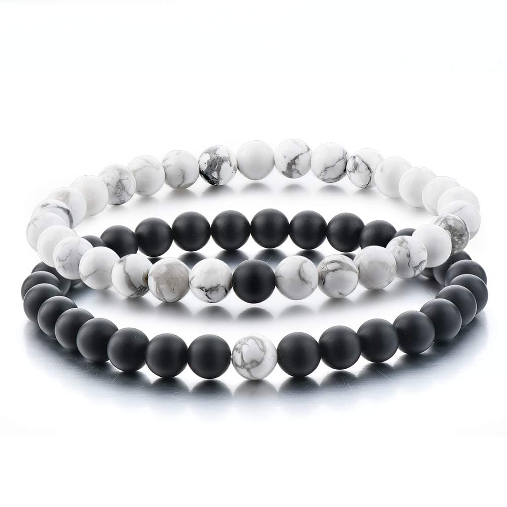 Couples Gifts,Long Distance Relationship Friendship Bracelets Black Matte Agate & White Howlite Natural Energy Stone Beads Bracelets Bangle for His Hers Men Women at Birthday