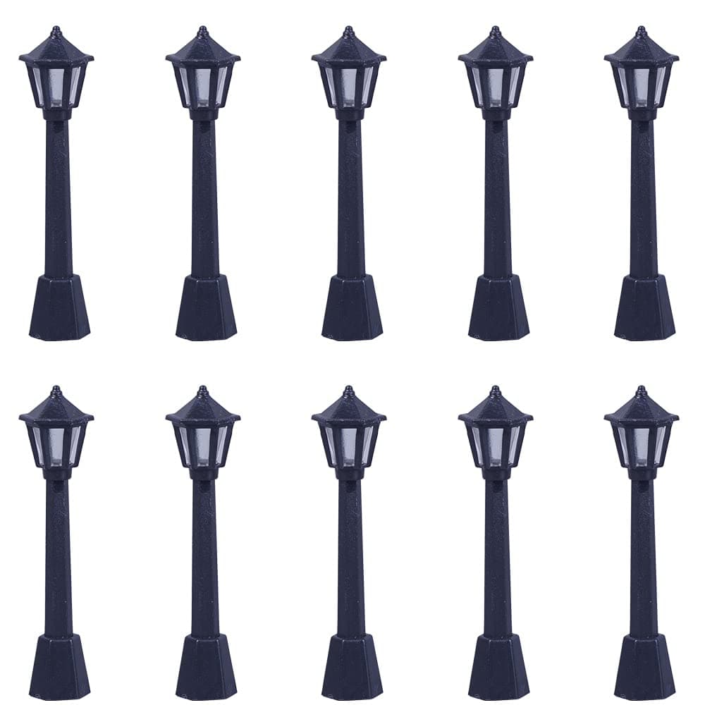 Dong Huang 10pcs Mini Miniature Street Light Model, Railway Train Solar Lamp Post Lamps, Outdoor Pathway Lantern Post for Dollhouse Decoration Micro Landscape Fairy Garden Lighting Accessories, Black