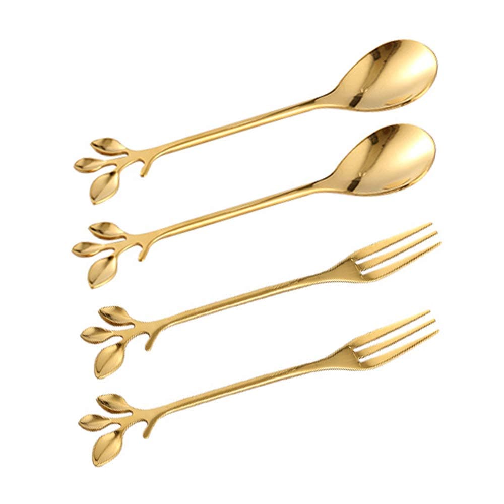 Tableware Gold Leaf Coffee Spoon Fork,4 Pack(2 Spoons 2 Forks) Little Demitasse Espresso Spoon and Appetizer Dessert Forks Set,4.7 Inches Tea Spoon Set (Gold4)