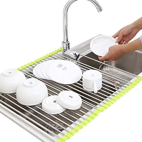 Foldable Multipurpose Rollup Stainless Steel Kitchen Organiser Utensils Dish Drying Drainer Rack Mat for Over Sink and Fruit-Vegetable Strainer Colander (46.5 cm x 46 cm)