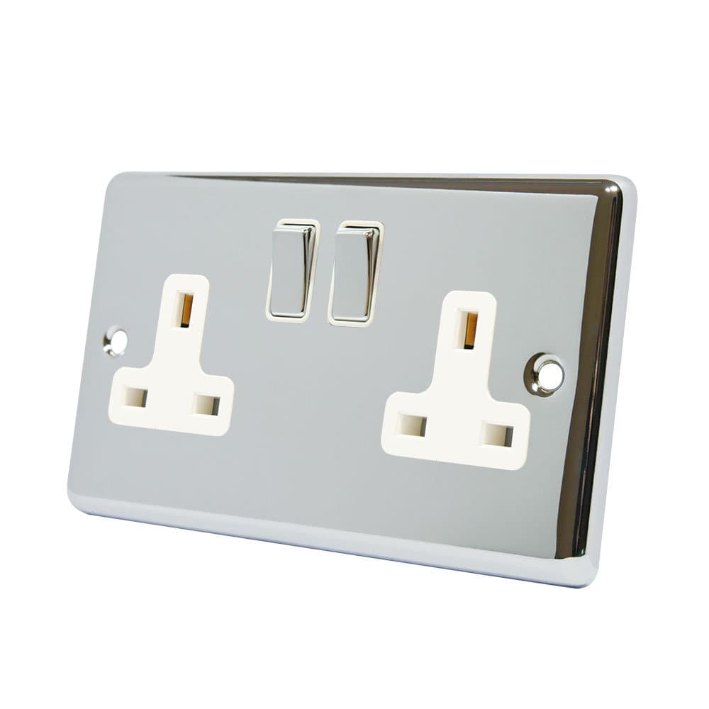 Alliance Electrical AET CPC2GSOCWC Polished Chrome Classical 2 Gang White Insert Metal Rocker Switches-13 Amp Double Plug Socket