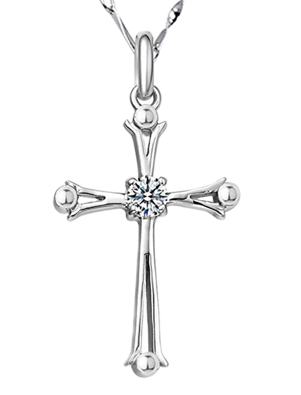 Fashion Jewelry 925 Sterling Silver Inlaid Crystal Cubic Zirconia Cross Pendant Necklace