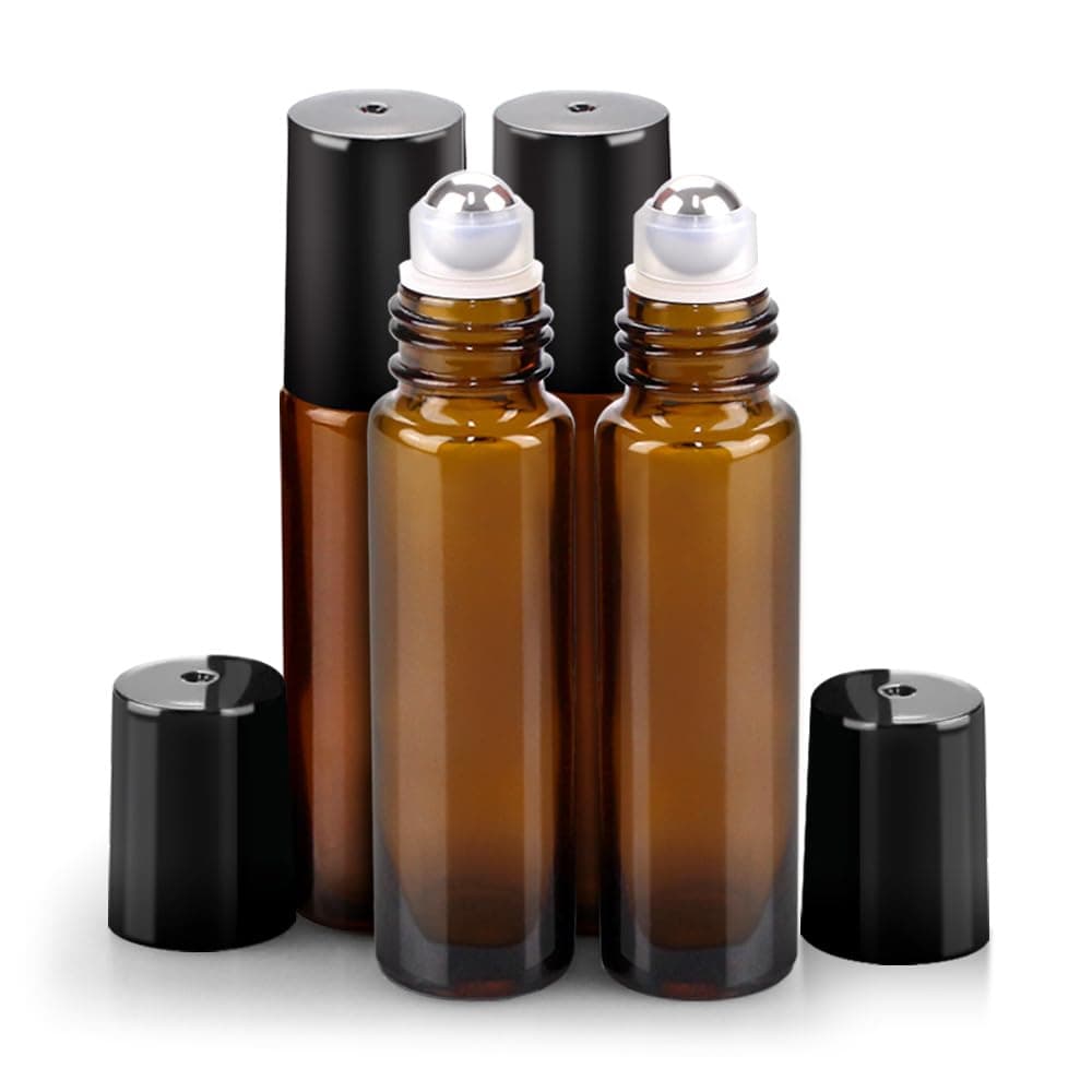 - sungwoo 4 Pack Essential Oil Roller Bottles Stainless Steel, 10ml Amber Glass Roller Bottles with Caps for Travel, Perfume and Lip Gloss