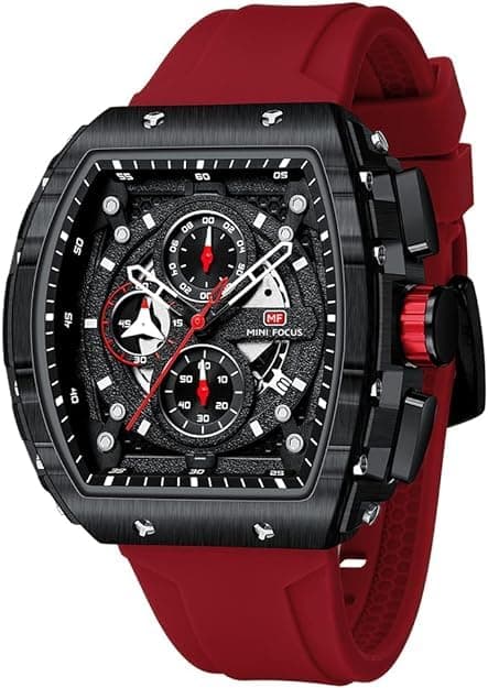 Men's Watch Fashion Tonneau Wrist Watches (Chronograph/Waterproof/Luminous/Calendar) Silicon Strap Quartz Watch for Men