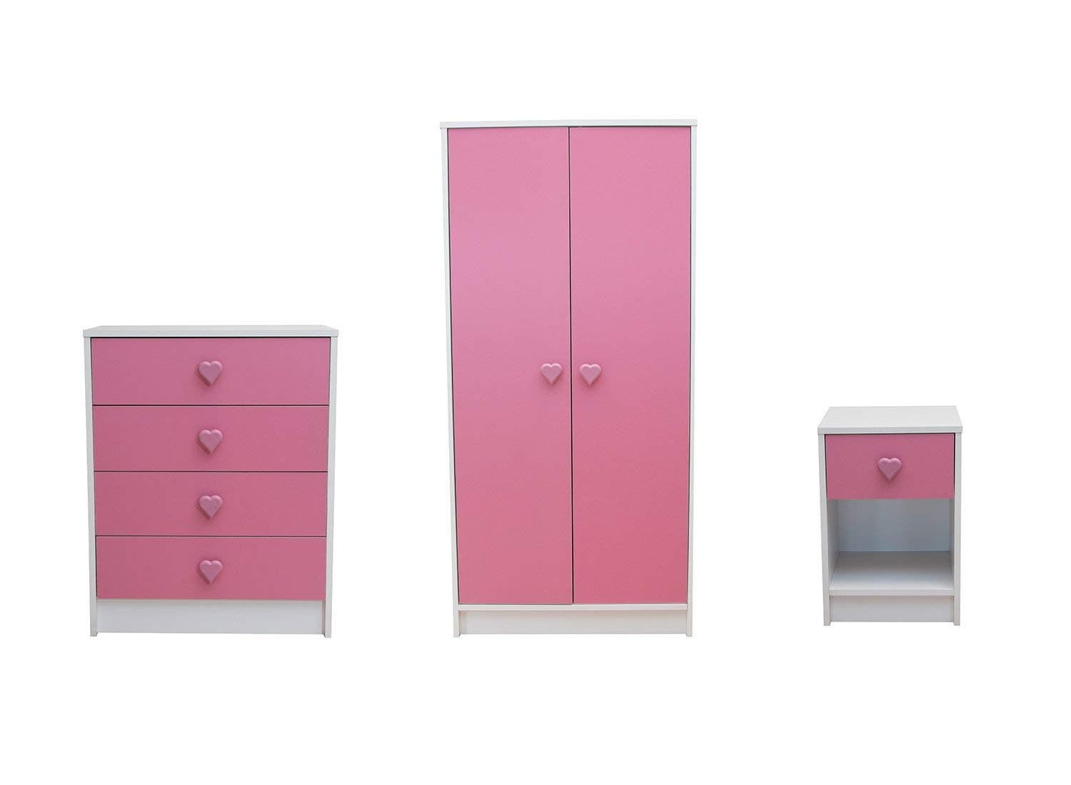 Hearts Childrens Bedroom Furniture Kids 3 Piece Set Includes Wardrobe, Chest of Drawers and Bedside Cabinet, Wood, Pink and White, 49.8x66.8x139 cm