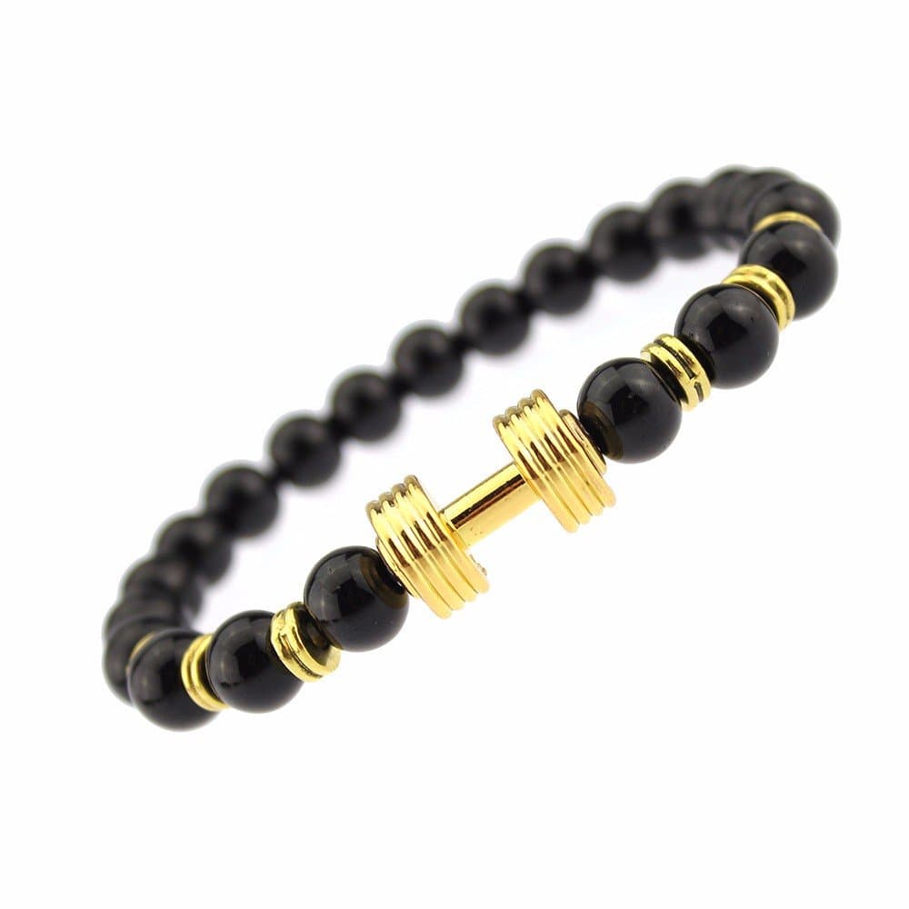 EUPHORIA : Fitness Jewelry Collection: Natural Black Agate stone with Dumbbell Bracelet Barbell Gym Fit Men Women Luxury Bracelet Bangle