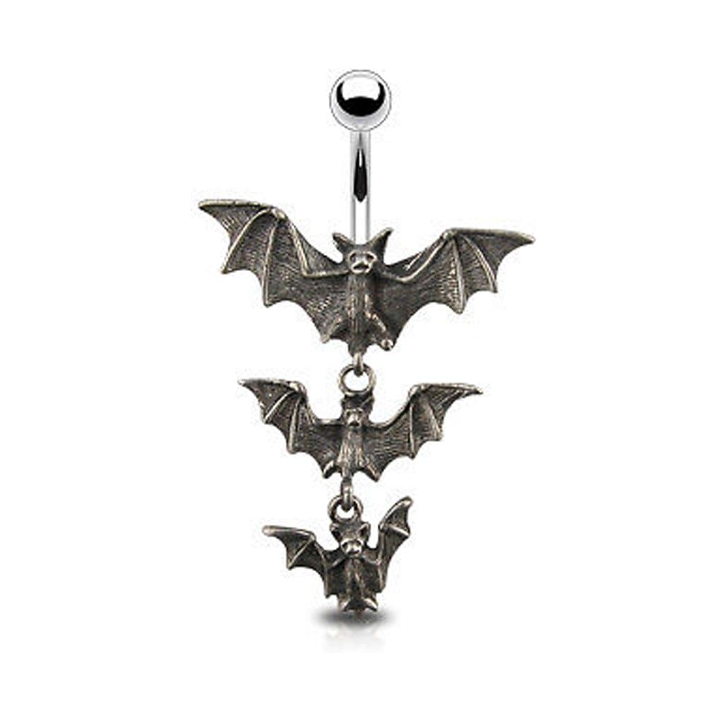Gekko Body JewellerySurgical Steel 1.6mm (14 Gauge) Belly Bar with Gothic Tri-Vampire Bats Dangle