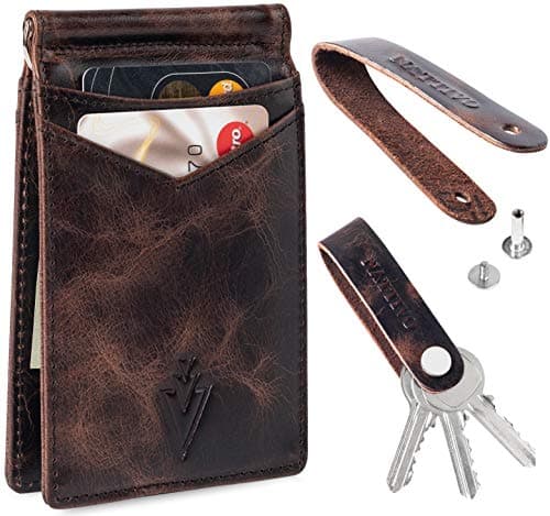 Men's Leather RFID Money Clip Slim Wallet with Leather Keychain