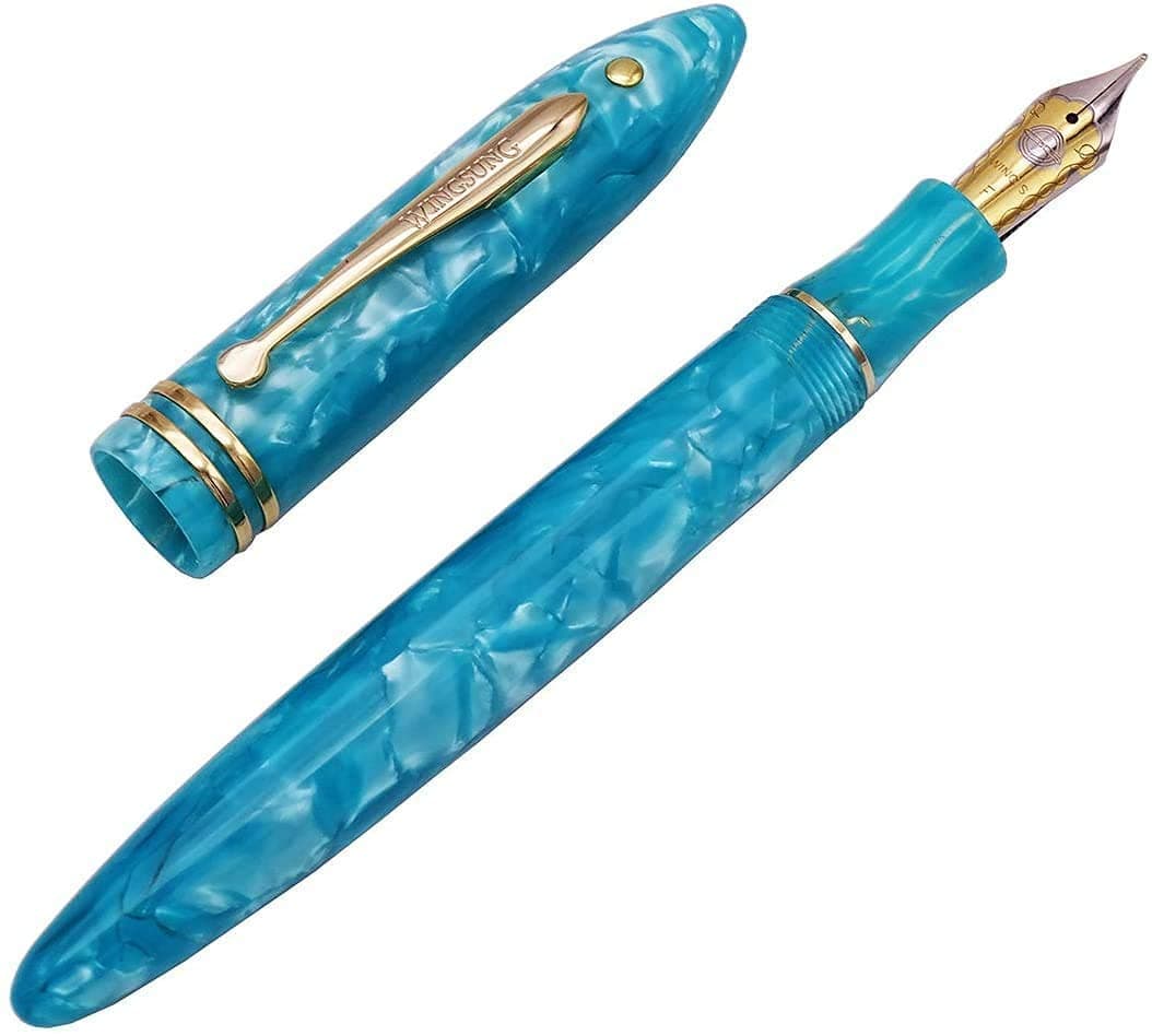 Wing Sung 626 Blue Lake Celluloid Fountain Pen Iridium Gold-Plated Fine Nib,Gold Trim - Golden dot