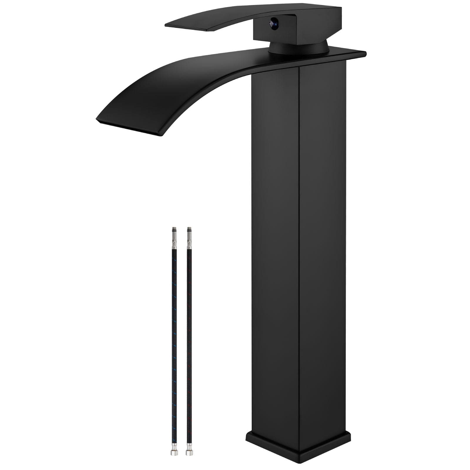 Bathroom Vessel Faucet Matte Black Tall Waterfall Single Handle One Hole Deck Mount Mixer Bowl Tap with Large Rectangular Spout Bar Sink Faucet Lavatory Vanity