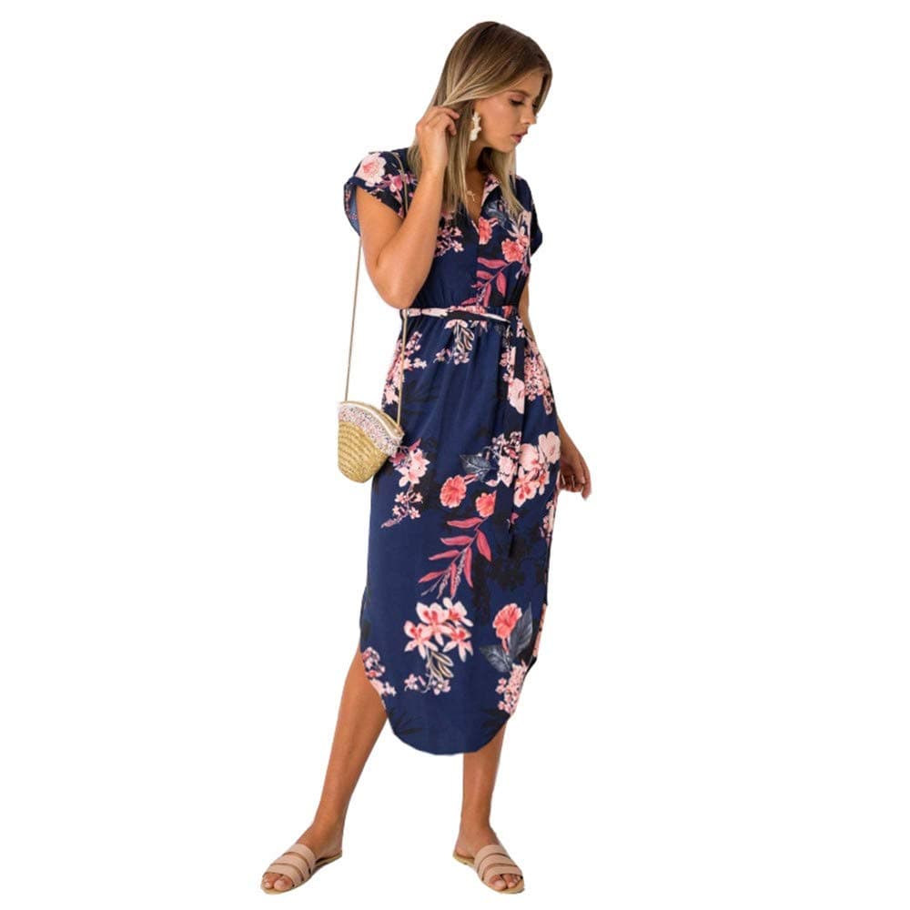 LitBud Women Dresses Summer Short Sleeve Vintage Business Holiday Belted Shift Midi Tunic Dress for Ladies UK Blue Size 10 12 M