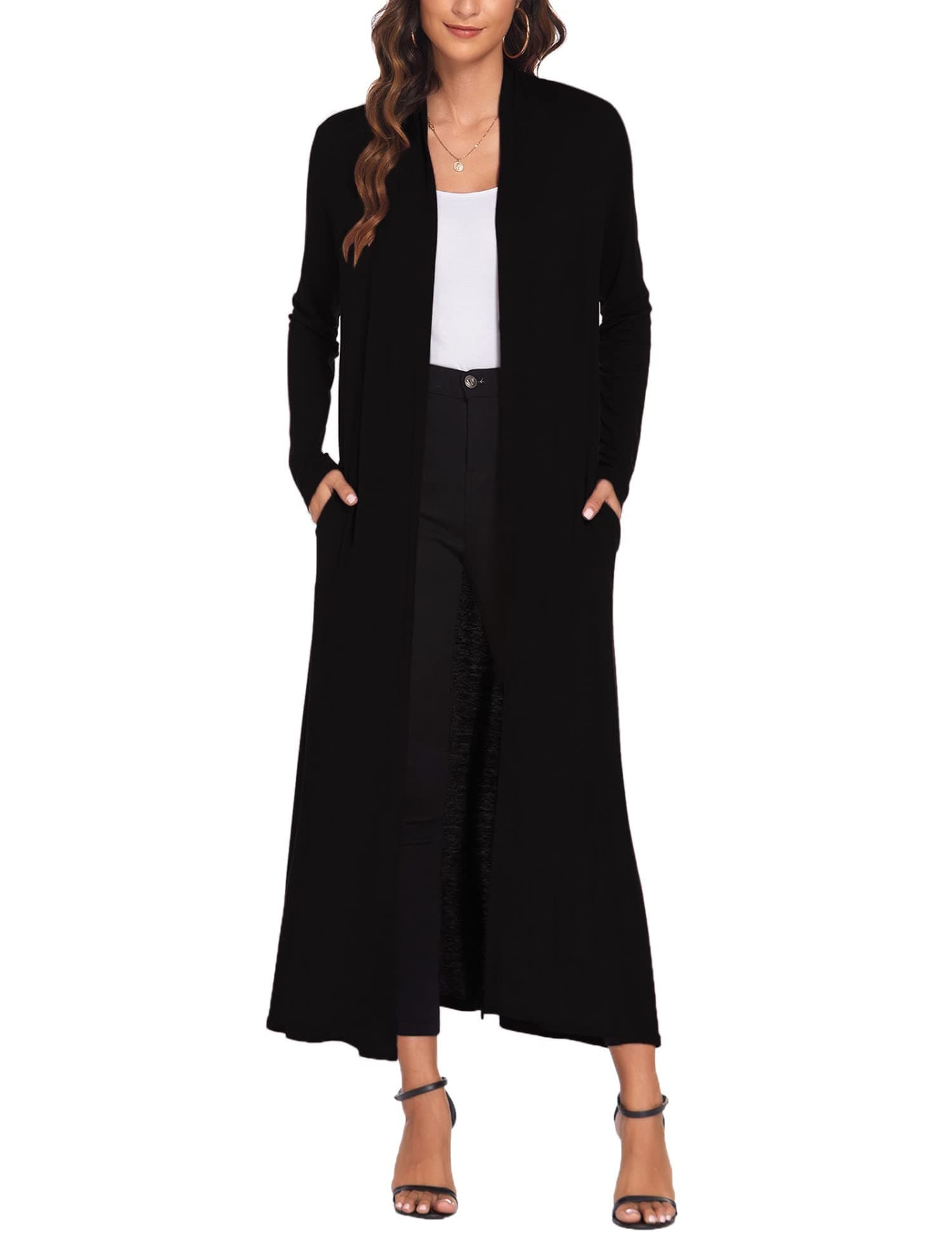 Women Floor Length Open Front Cardigan Lightweight Long Sleeve Maxi Duster with Pockets (S-3XL)
