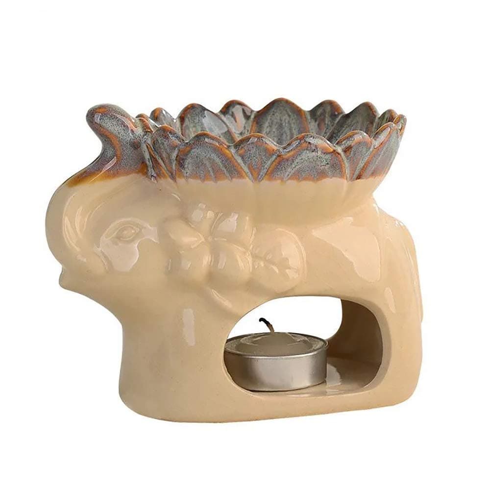 DoDola Ceramic Elephant Essential Oil Burner Aromatherapy Diffusers Tea Light Holder for Amora, Spa, Yoga, Meditation, Zen - Beige