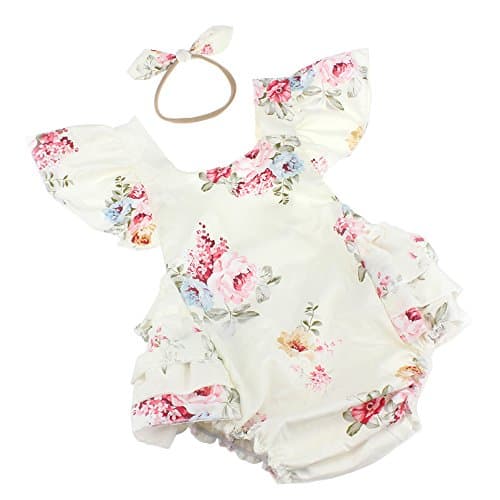 Baby Girls Cotton Vintage Floral Ruffle Rompers Clothing Headband Set